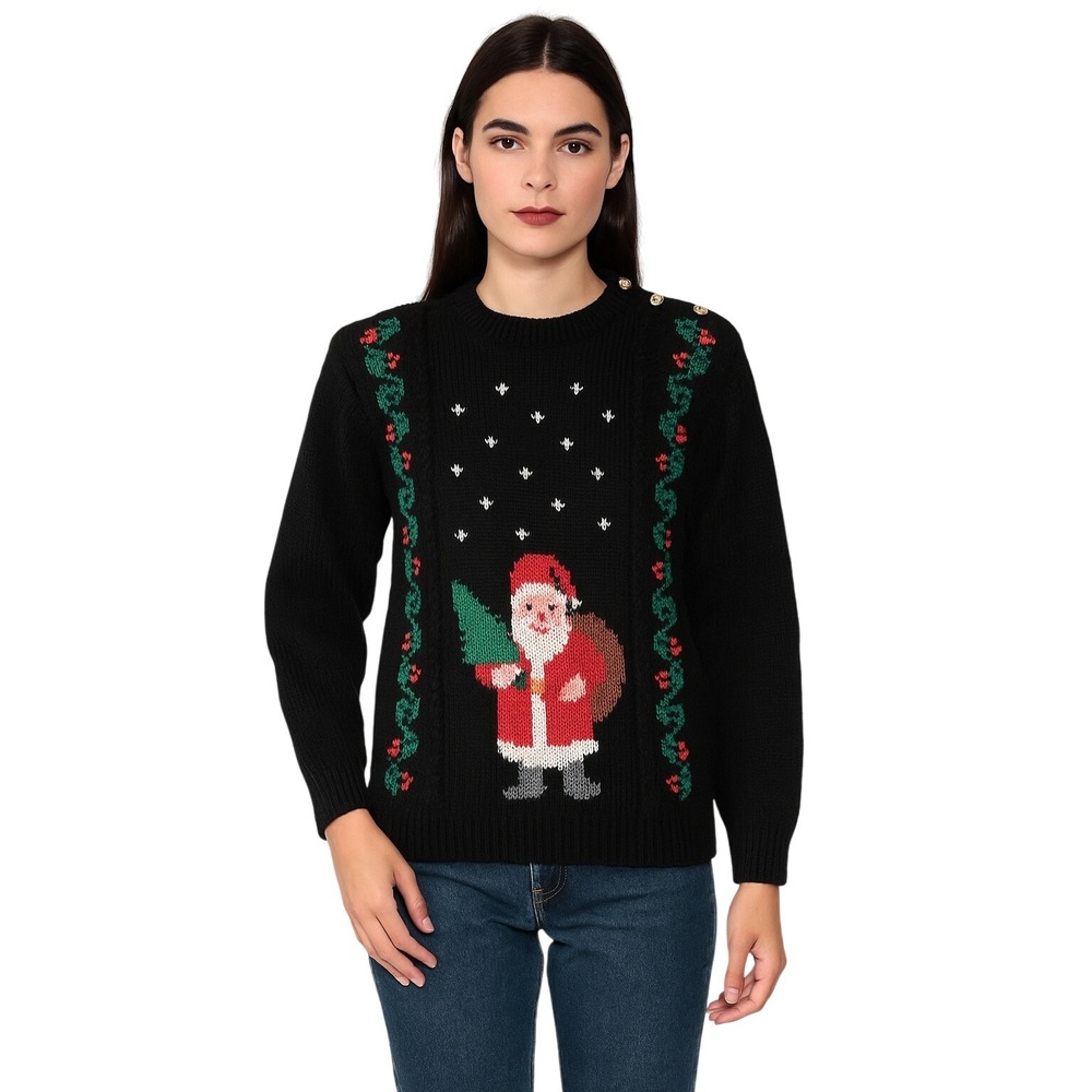 SOUTHWOOL x VTG Santa Christmas holiday cable knit wool sweater holly black S